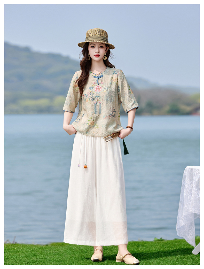 Bộ quần áo nữ hai mảnh sơ mi thêu họa tiết quốc phong kết hợp quần ống đứng MM6617 — xanh lam, Màu hồng chi tiết 25