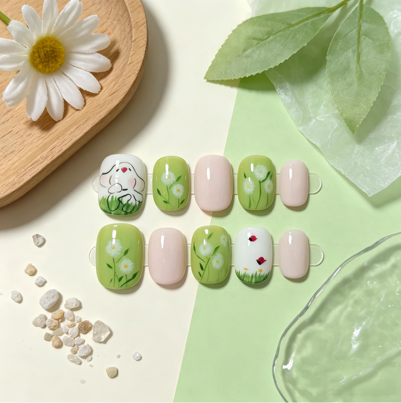 Hand-painted cartoon puppy and butterfly oil painting style pink and milky white manicure, purely handmade, short, cute and versatile Hand-painted cartoon puppy and butterfly oil painting style pink and milky white manicure, purely handmade, short, cute and versatile