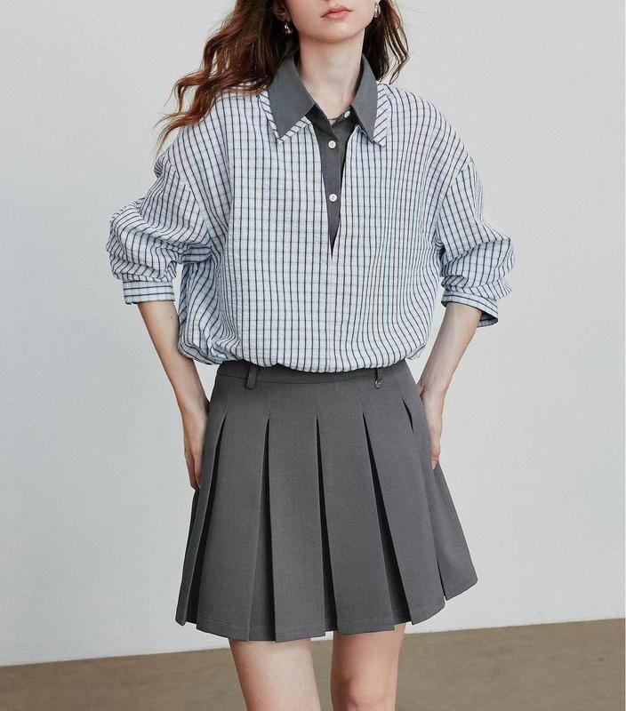 2025秋新款拼接双重领假两件肌理感格纹女士衬衫百褶短裙两件套|undefined