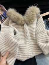 不起球保暖加厚水貂绒毛衣条纹外套女冬季宽松慵懒风开衫针织上衣