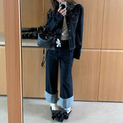 时髦尖子生美式休闲藏青原色牛仔夹克外套/牛仔裤套装女