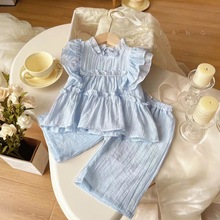 女童套装2024夏季新款儿童娃娃衫清新可爱蓝色韩版甜美女宝两件套