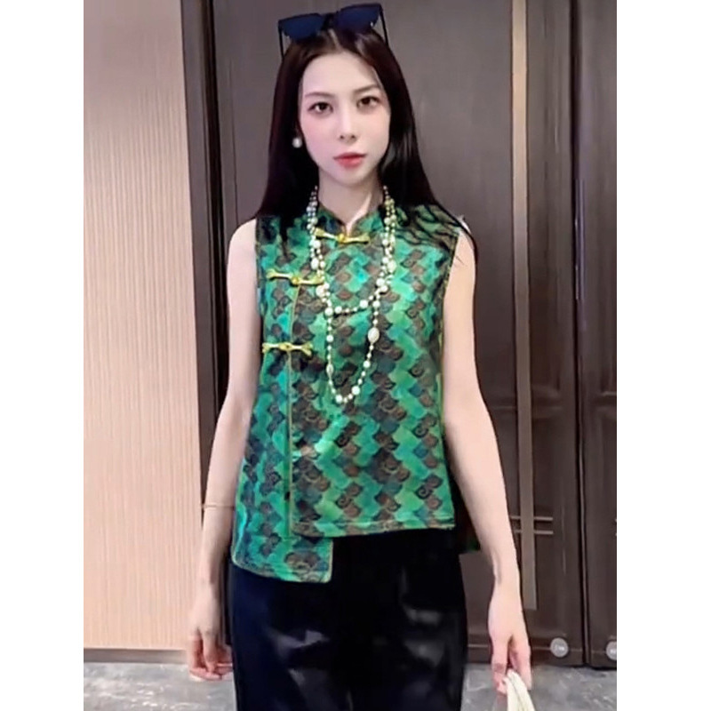 新しい中国風の不規則なボタンスタンドカラーノースリーブトップ女性のための夏のハイエンド中国風ニッチベストシャツトレンディ|undefined