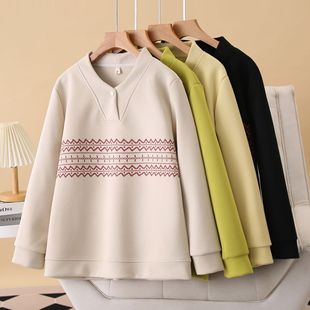 100kg Fat mm Spring Plus Size New Retro Printed Sweater Women's Design Casual Long Sleeve Top 6153