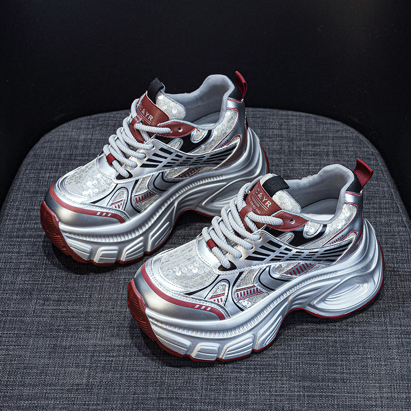 Giày sneaker chunky đế dày độn cao bên trong nữ phong cách thể thao thời trang mùa hè 2025 — M2832 màu đỏ, M2832 màu be, M2832 màu bạc