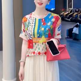桑蚕丝真丝短袖t恤女夏季新款年轻妈妈洋气减龄小衫欧货雪纺上衣