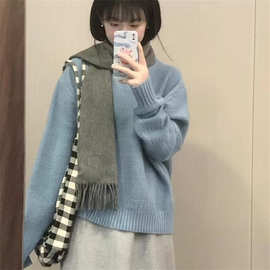 奶呼呼软糯蓝色圆领毛衣女秋冬宽松小个子外穿针织衫套头打底上衣