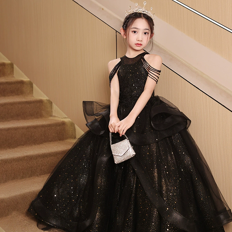 Девушки вечернее платье светло-экстравагантное нишу высокого класса черное платье принцессы подиум для детей