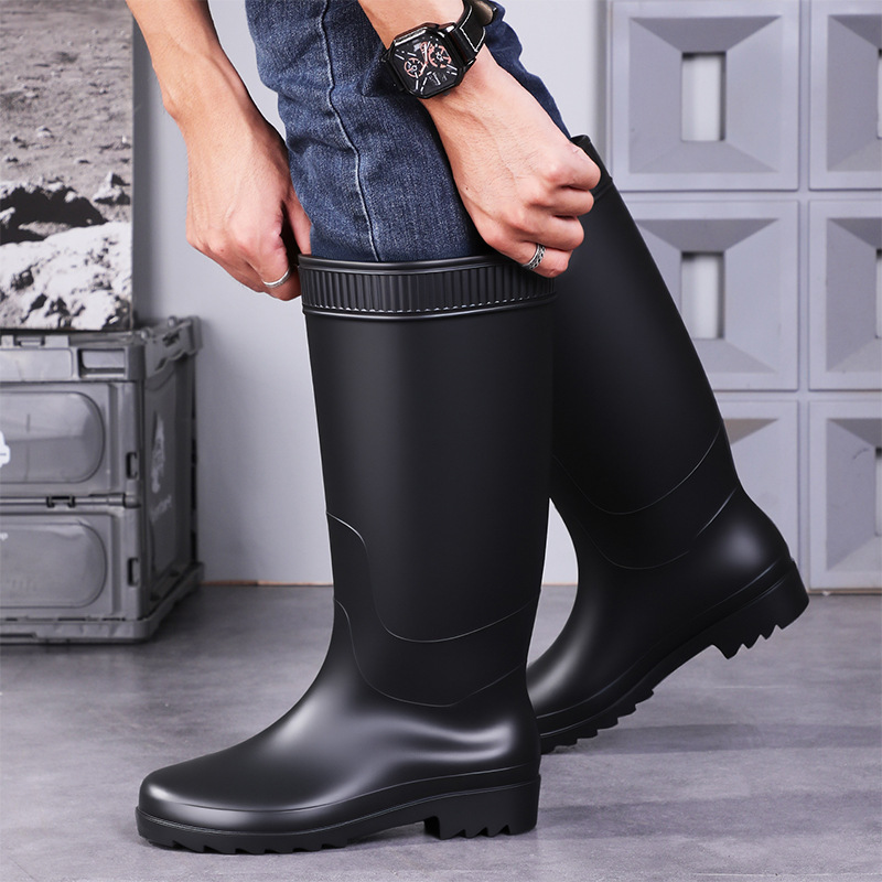 Nuevas botas de lluvia negras gruesas con forro polar de alta calidad, venta al por mayor, protección laboral para el sitio de construcción para hombres, zapatos de pesca de tubo largo con suela Oxford
