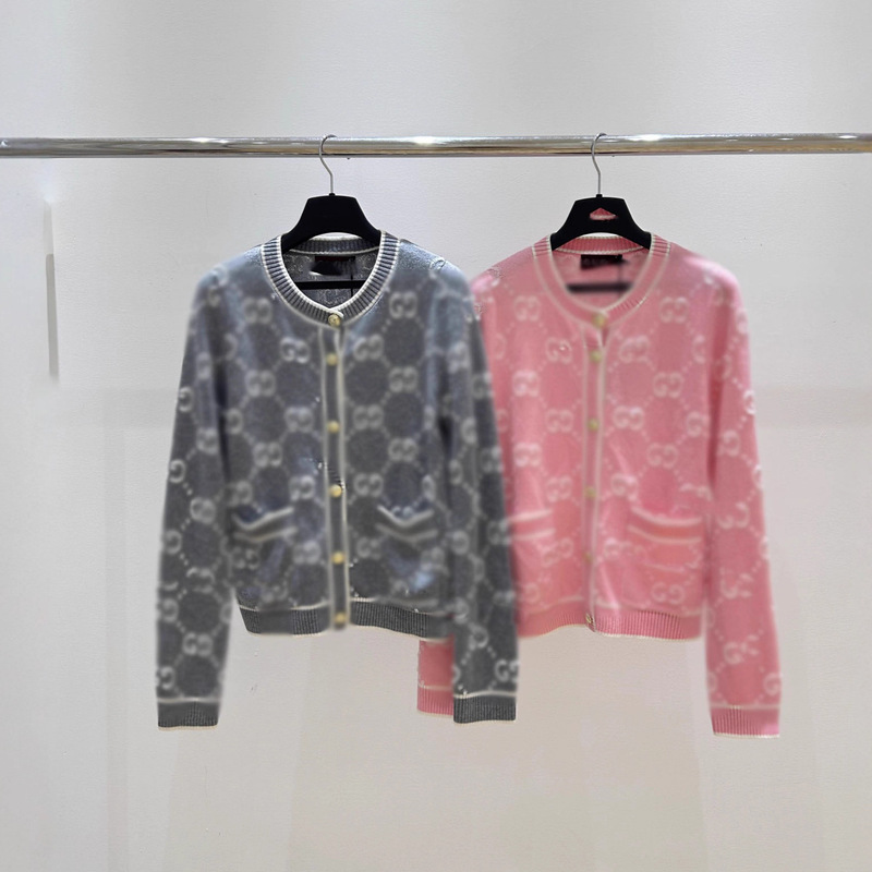 Nanyou Classy Round Neck Knitted Wool Cardigan Double g Flap Pocket Pants Metal Button Jacket Jacquard Sweater for Women