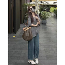 春秋韩系梨形身材微胖女生穿搭款新款阔腿牛仔裤女高腰弯刀香蕉裤