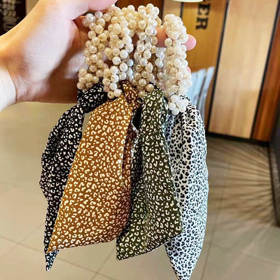 韩国网红碎花珍珠发圈女豹纹蝴蝶结飘带皮筋丸子头绳简约气质发饰|ms
