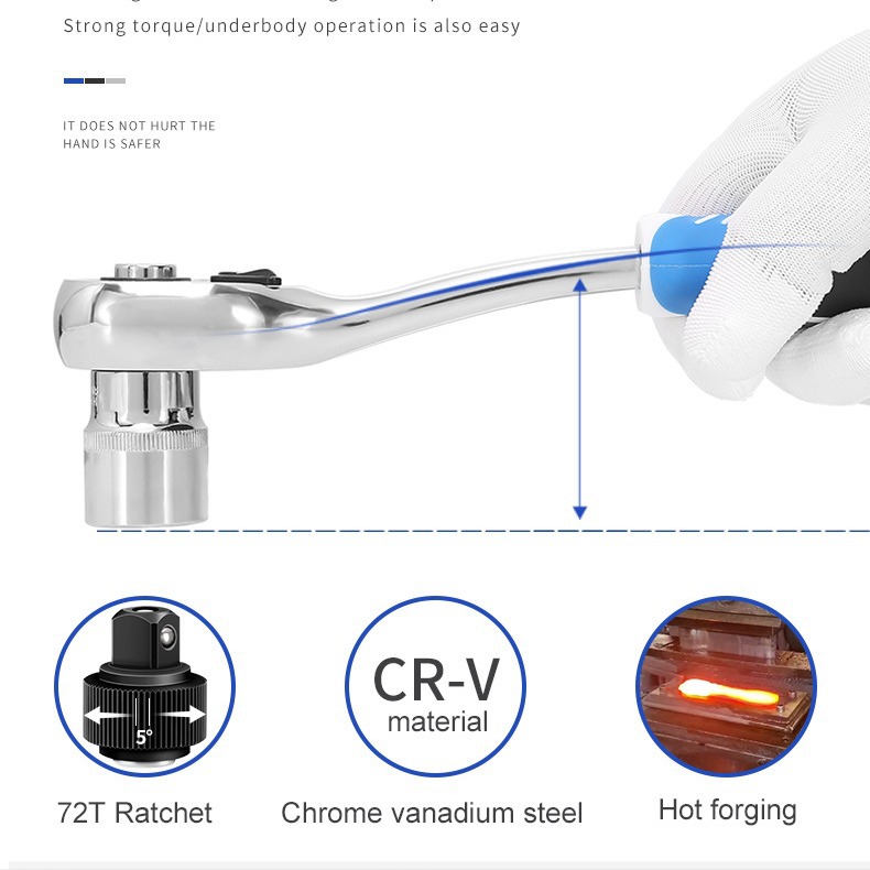 72 치아 큰 파리 44 조각 파란색 상자 도구 세트 매화 개방형 이중 목적 렌치 짧은 소매 노동 절약 자동 수리 도구 세트