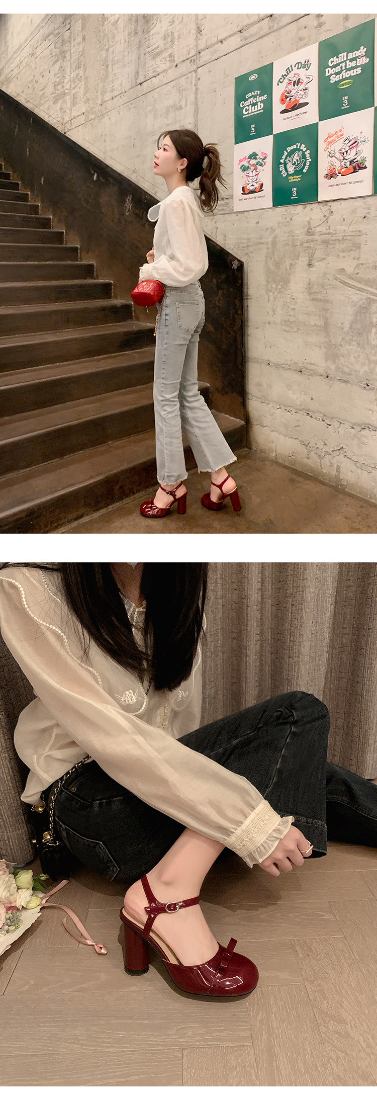 Sandal cao gót nữ mũi nhọn quai ngang nơ bướm, gót vuông ổn định — màu đen, Rượu vang đỏ, màu mơ chi tiết 17