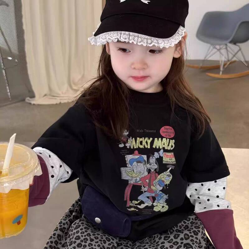 柠里童装2025秋季新款女童小童韩版卡通动漫假两件T恤豹纹休闲裤|undefined