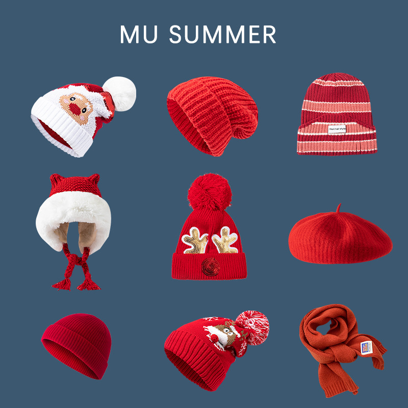 红色帽子圣诞礼物冬季保暖针织帽本命年酒红色贝雷帽毛线帽围巾女