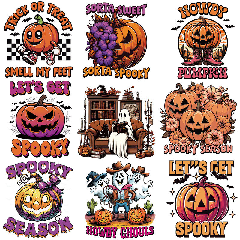 跨境亚马逊南瓜万圣节DTF烫画贴 衣服印花图案热转印logo白墨烫画