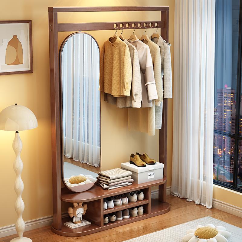 Solid Wood Clothes Hanger, Bedroom Coat Rack, Floor-Standing Mirror Storage Rack, Multi-Functional All-In-One Shoe Stool and Shoe Rack