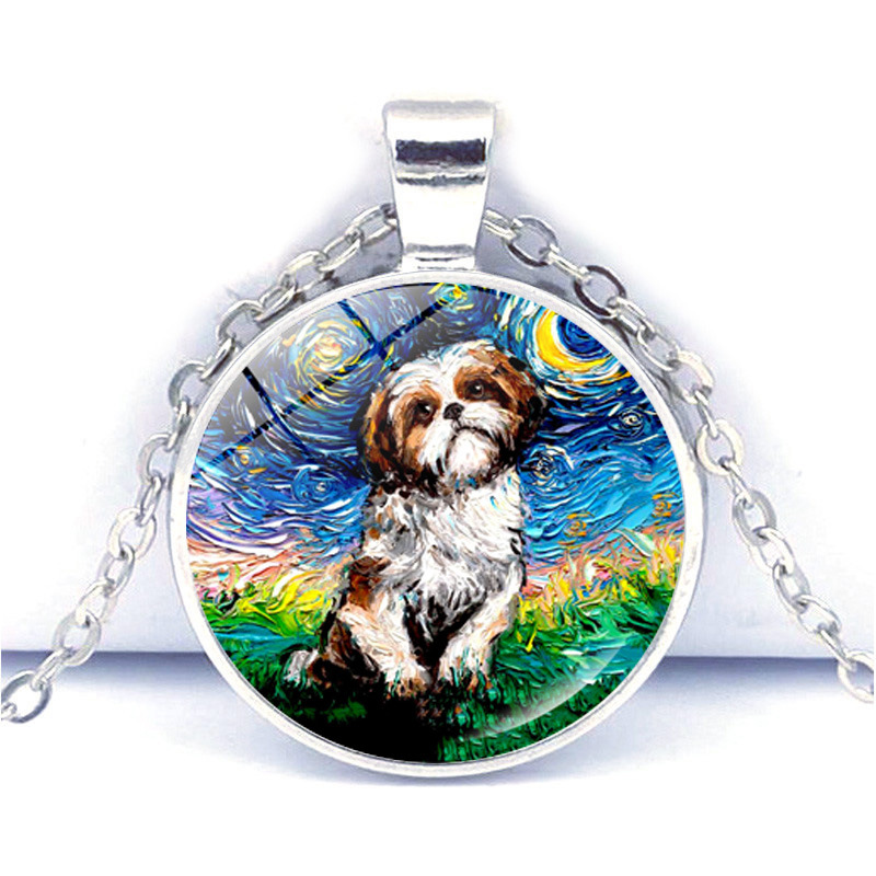반 고흐 별이 빛나는 달 밤 유화 개 목걸이 남자와 여자의 보석 유행 허스키 개 복고풍 펜던트 아래 별 모직 체인