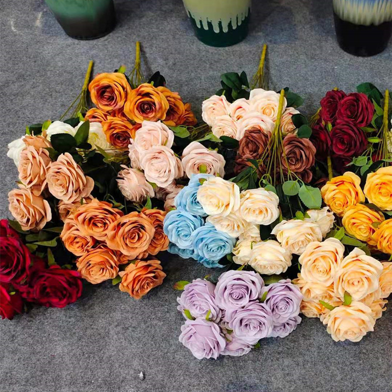 Rose simulation 9-head rose handle bundle wedding hand holding home hotel decoration fake flower Road lead flower arrangement Wall manufacturer