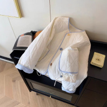 韩版撞色圆领菱格夹棉棉服女秋冬2024新款减龄小个子甜美保暖外套