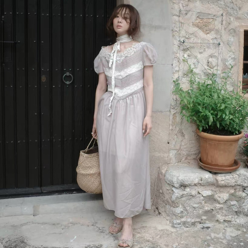 Mona XH Korean-style lace patchwork puff sleeve dress, Dongdaemun summer new French slim-fit long dress for women Mona XH Korean-style lace patchwork puff sleeve dress, Dongdaemun summer new French slim-fit long dress for women