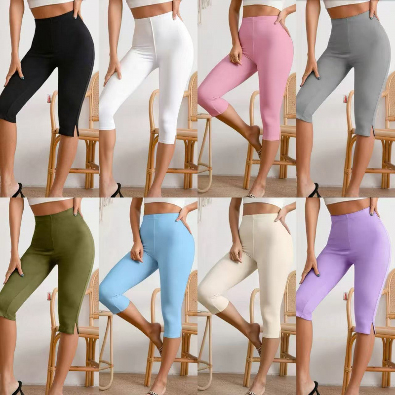 Cross-border 2026 Amazon European and American Best-Selling Summer Women's Elastic Waist Casual Pants Slim Fit Split Capri Pants
