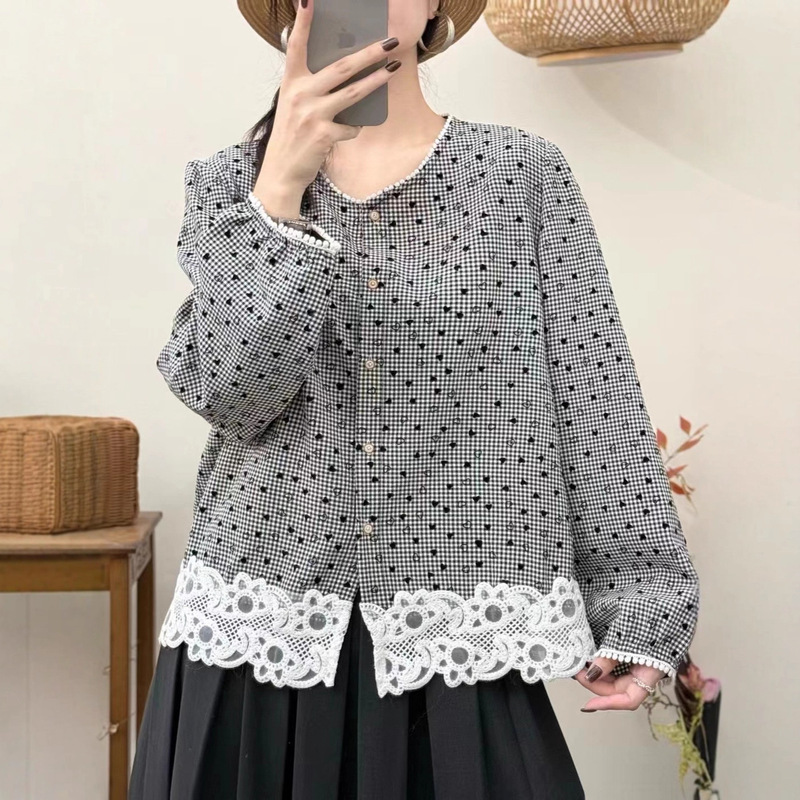 Guka Apparel 2025 Autumn Collection Artistic Mesh Lace Trim Patchwork Shirt Round Neck Single-Breasted Long Sleeve Slimming Blouse