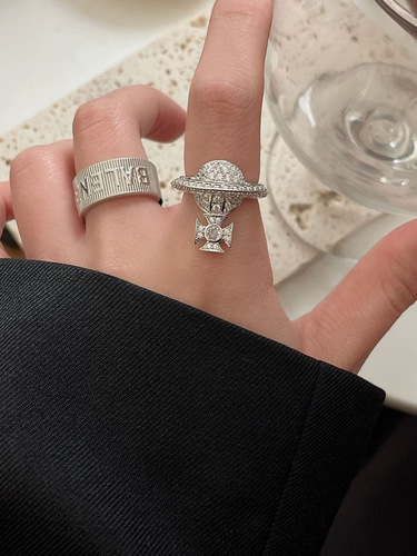 Minimalist Design, High-End Aesthetic, Earthly Starry Planet, Full Diamond Micro-Setting Letter Open Ring, Fashion Universe Geometric Set