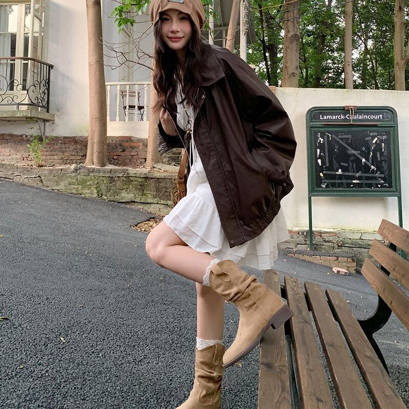 现货秒发~美拉德短靴女2025新款复古马丁靴粗跟堆堆靴西部牛仔靴|undefined