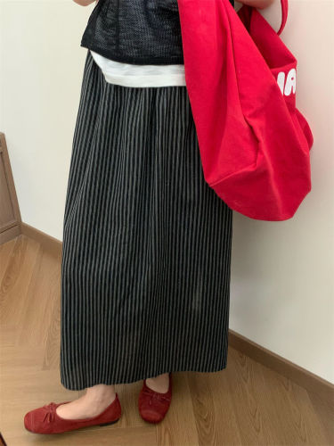 Slimming High-Waisted Striped Medium-Length Semi-Skirt for Summer and Autumn, New Arrival Elastic Waist Dress, Chinese Traditional Style