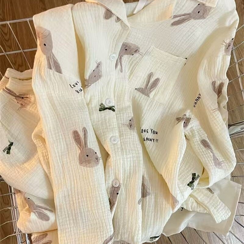 Rabbit pajamas for women, spring and autumn, simple and cute style, casual home wear for young girls, long pants, long sleeves, trendy set