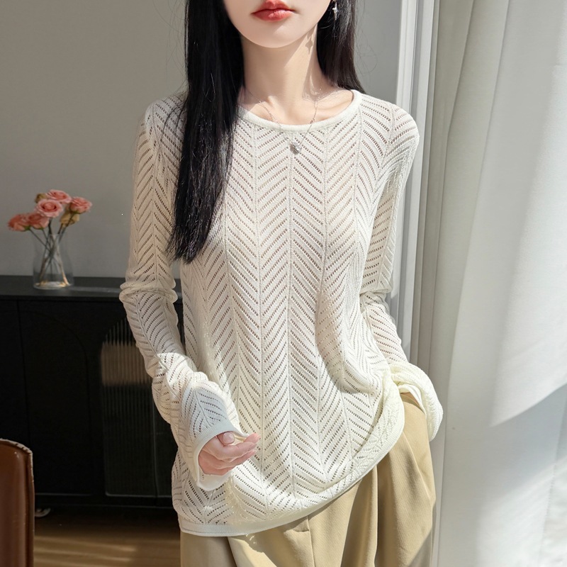 设计感小众一字领脉状镂空微透天丝针织罩衫女春夏新款纯色针织衫