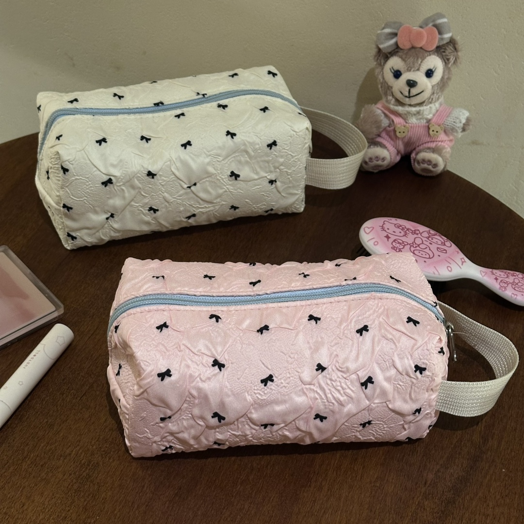 Women's New Portable Makeup Bag, Large Capacity, Stylish Pencil Case with Bow, Fresh and Simple Toiletry Storage Bag