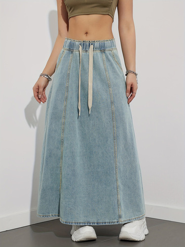 Denim elastic waist drawstring denim skirt women's new retro high-waist slimming loose denim skirt