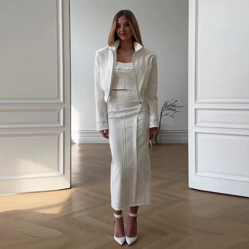 2026 Amazon Cross-Border Foreign Trade European and American Women's Fashion New Style Long-Sleeve Short Jacket Slim-Fit White Three-Piece Set