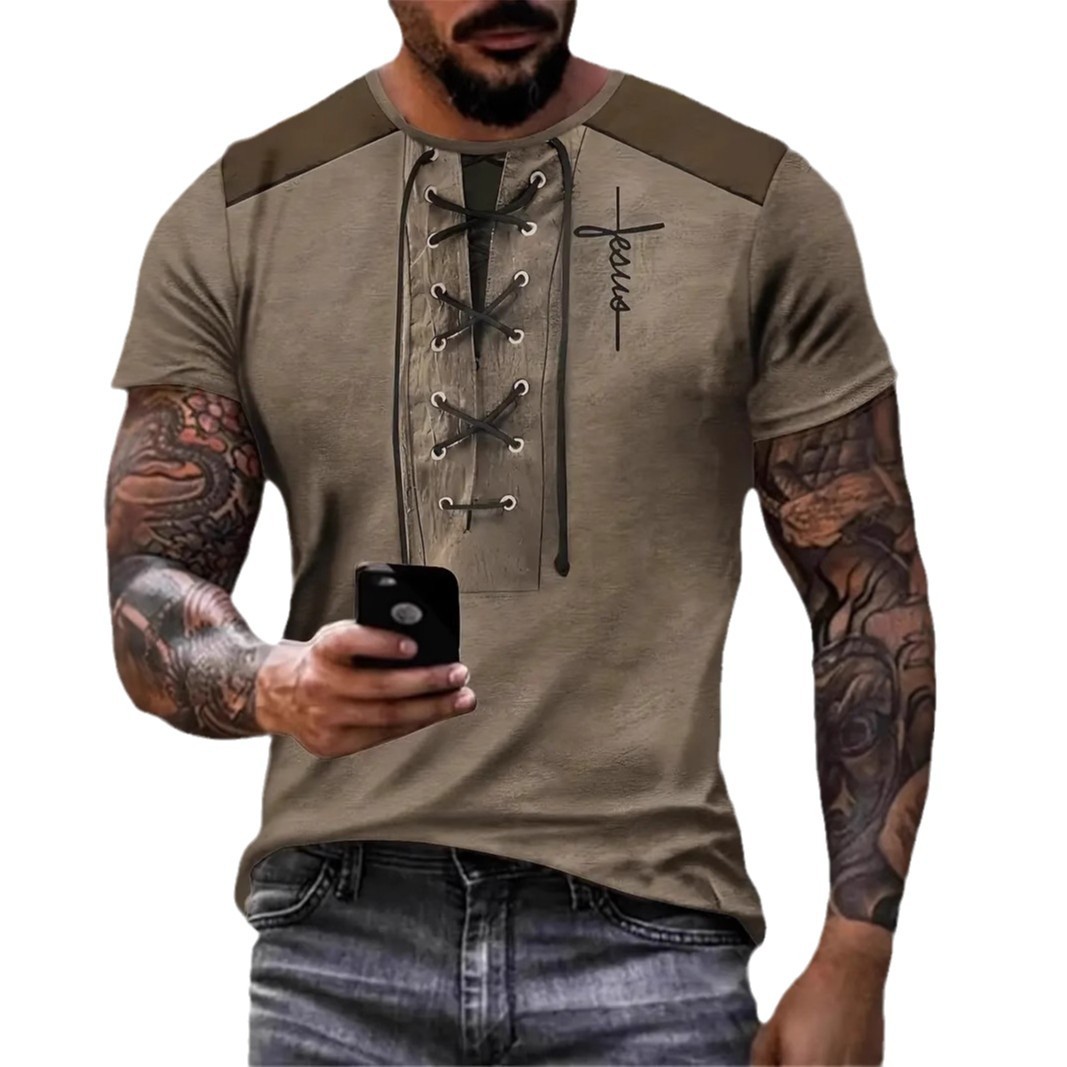 Camiseta de cuello redondo de manga corta suelta y transpirable de verano para hombres AliExpress Europa y América Venta caliente pseudo cordón decoración impresión 3D