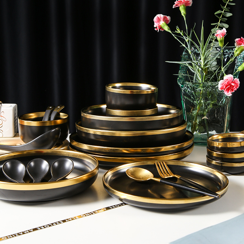 European Matte Black Dish Set Household Ceramic Plate Soup Bowl Ins Style Rice Bowl Accessible Luxury Gold Edge Tableware European Matte Black Dish Set Household Ceramic Plate Soup Bowl Ins Style Rice Bowl Accessible Luxury Gold Edge Tableware