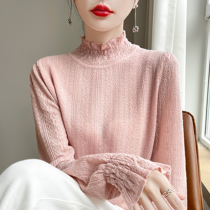 Hormigón de encaje de cuello medio alto jersey de punto para mujeres 2024 otoño y invierno nuevo suelto delgado envejecimiento camisa de manga larga