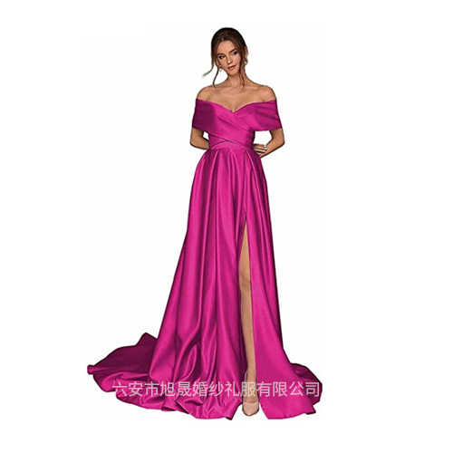 Amazon Europe Evening Dress Prom Banquet Sexy Off-shoulder Satin Tailed Split Dress Women