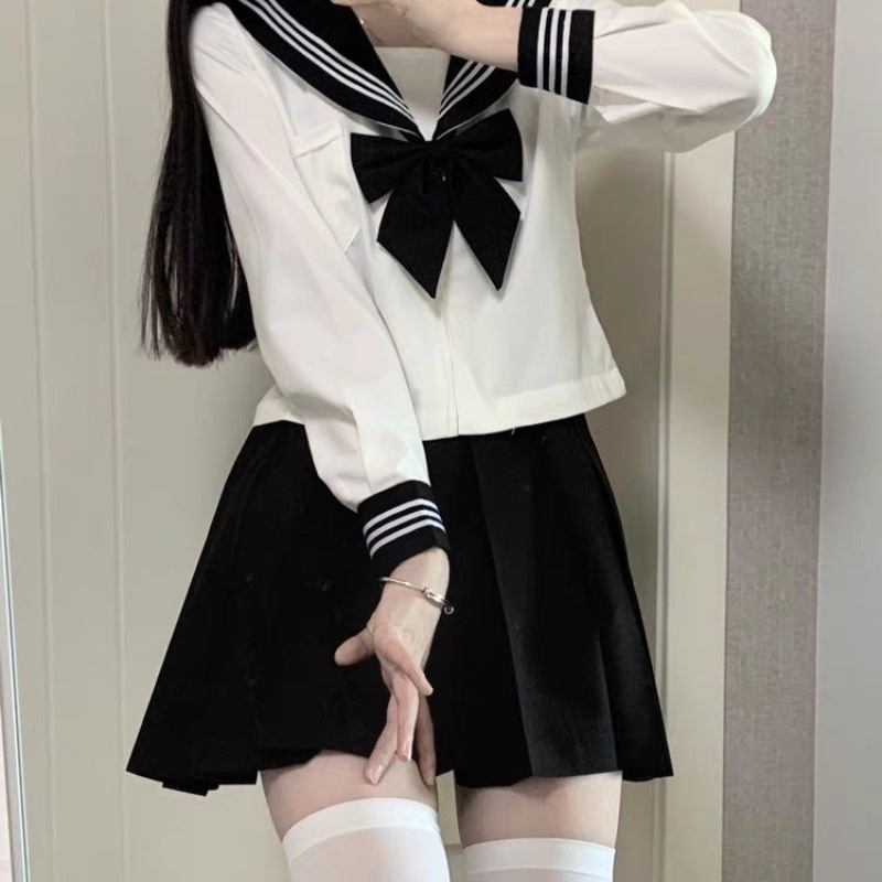 白黒三本JK制服スカートベーシック本格セーラー服日本カレッジスタイルスーツ半袖ミドル服レディース夏|undefined