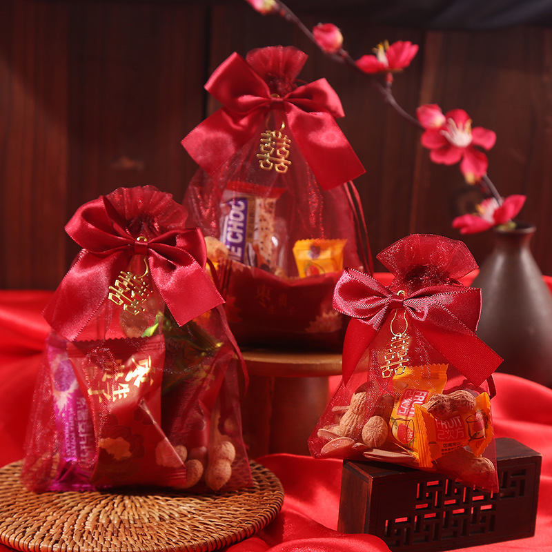 新中式风格抽绳喜糖袋 婚庆伴手礼礼品袋欧根纱糖果喜字袋批发