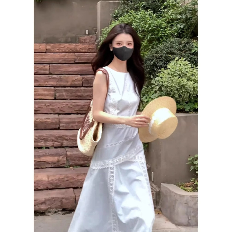 现货 独特漂亮掐腰裙子2025夏季法式气质大方得体白色无袖连衣裙|undefined