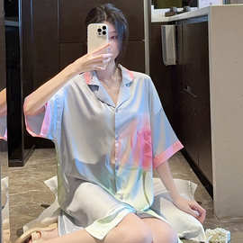 跨境外贸新款睡衣女款夏季冰丝睡裙衬衫裙高级感短袖可外穿家居服