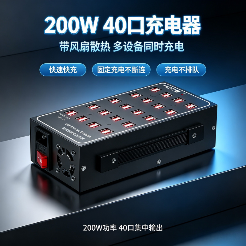 200W 40-port USB multi-port charger with fan cooling, multi-device centralized charging workstation, factory 200W 40-port USB multi-port charger with fan cooling, multi-device centralized charging workstation, factory