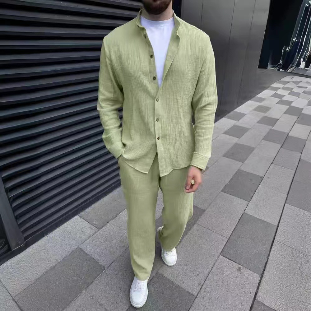 Men's Shirt Sets Solid Colour Cardigan And Trousers Two Piece Suit_voghion.com