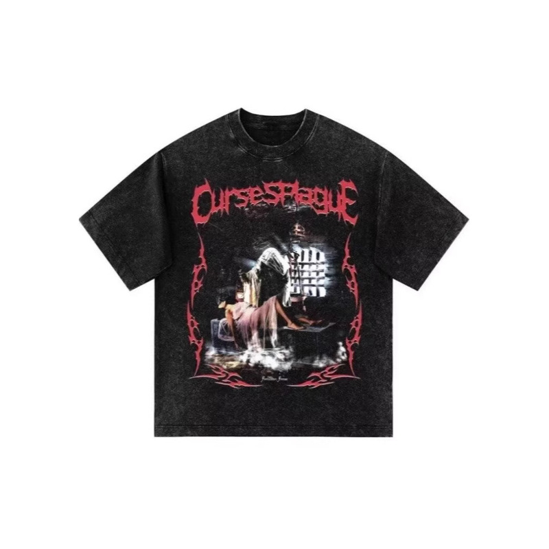 Cross-Border Export Skull Rock Band Retro Washed Short-Sleeved T-Shirt Casual Loose Men's and Women's Couple Bottoming Shirt Trendy