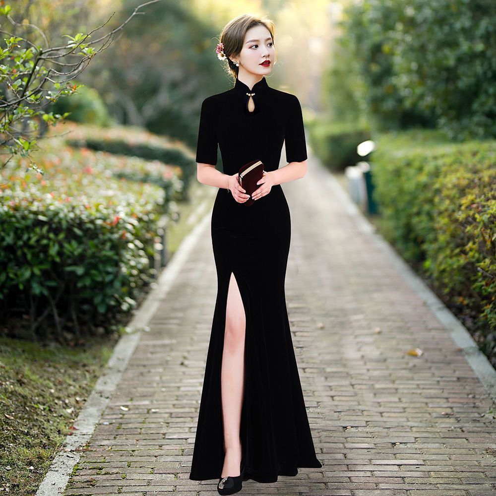 Body cheongsam Evening dress Young models black velvet Fishtail skirt temperament Improved edition Dress Catwalk have more cash than can be accounted for