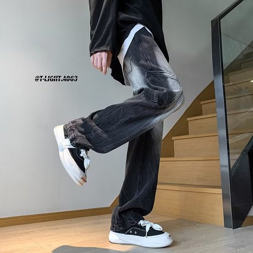 Oversized Pants from Douyin & Kuaishou: Retro Workwear Tie-Dye Gradient Black Denim Trousers with High-Street Vibe, Flared-Leg Design