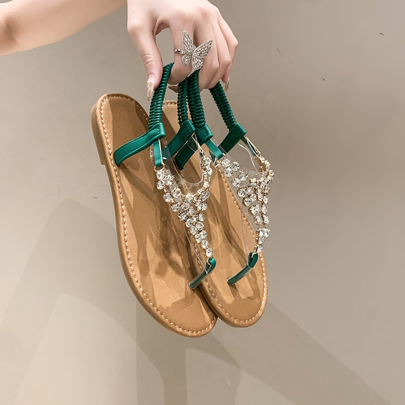 Sandalias de pedrería para mujer, verano 2024, nuevo estilo, tanga, estilo romano, PVC, banda elástica trasera, talla 41, sandalias para damas